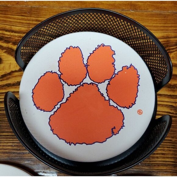 Clemson Coasters Set of 4  Orange Paws Print  and Holder - Picture 3 of 11